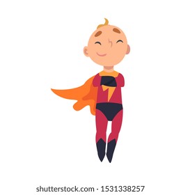 Boy in superhero costume crossed his arms over his chest cartoon vector illustration
