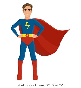 Boy in superhero costume full length portrait isolated on white background vector illustration.