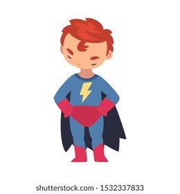 A boy in a superhero costume holds his hands on his hips and lowered his head and shakes it cartoon vector illustration