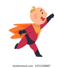 Boy in a superhero costume joyfully runs with his arm outstretched cartoon vector illustration