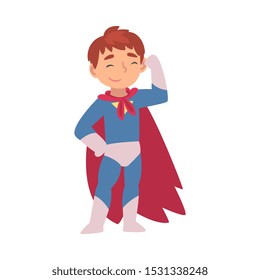 Boy in a superhero costume shows muscles on his arm cartoon vector illustration
