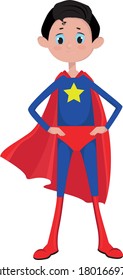 boy in superhero costume, standing straight, holding his hands on his belt.