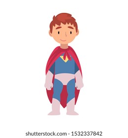 Boy in a superhero costume stands cartoon vector illustration