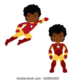 Boy superhero in flight and in standing position.Vector illustration isolated on white background.