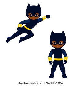 Boy superhero in flight and in standing position.Vector illustration isolated on white background.