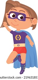 Boy in superhero pose wearing party costume. Happy kid in cape