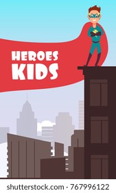 Boy superhero with red cloak over the city buildings vector super kids poster. Super hero boy in cloak illustration