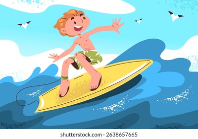Boy surfer. Cartoon kid riding on surfboard sea wave, child surfing water sport teenager surf board in ocean summer beach holiday vacation swim activity, classy vector illustration original artwork