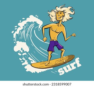 Boy surfer cool summer t-shirt print. Boyfriend ride surfboard on big wave. Dude beach funny child wear illustration. Tropical sea surf sport kids typography fashion