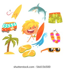 Boy Surfer Extreme Sportsman, Kids Future Dream Professional Occupation Illustration With Related To Profession Objects