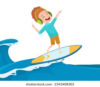 Boy surfer. Happy kid in headset standing on surfboard and riding on ocean wave. Vector cartoon background