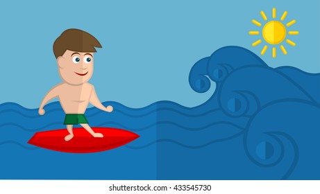 Boy surfer rides on the waves. Concept design of a summer holidays by the ocean