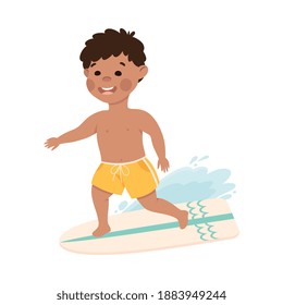 Boy Surfer Riding on Wave with Surfboard, Kid Doing Sports, Active Healthy Lifestyle Concept Cartoon Style Vector Illustration
