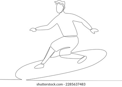 A boy surfing extreme waves. Surfing one-line drawing