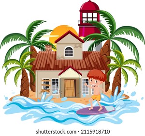 Niño surfeando frente a una vieja casa de playa