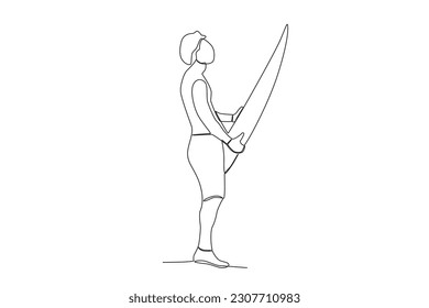 A boy surfing on the beach. Summer one-line drawing