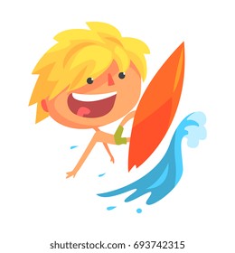 Boy surfing on a big wave cartoon character vector Illustration
