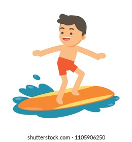 Boy surfing on a blue wave, Summer sports vacation concept, cute character illustration.
