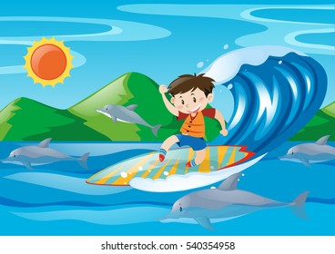 Boy surfing on the giant wave illustration