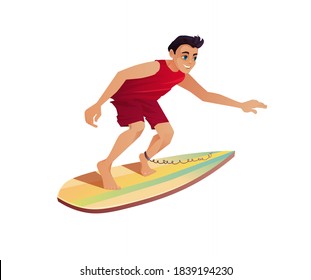 Boy surfing on surfboard. Man swimming with body board. Vector cartoon illustration. 