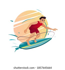 Boy surfing on surfboard. Man swimming with body board. Vector cartoon illustration. 