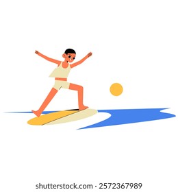 Boy Surfing On Wave In Flat Vector Illustration Symbolizing Adventure, Water Sports, And Fun, Isolated On White Background