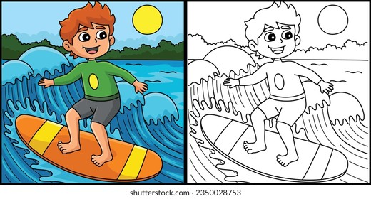 Boy Surfing in Summer Coloring Page Illustration