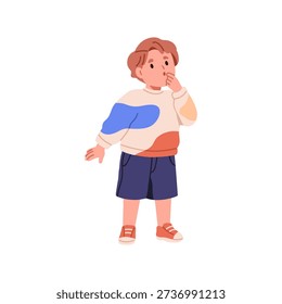 Boy surprised and amazed, looking with hand at mouth. Cute kid with hesitation, doubting expression. Astonishment, wonder, shock emotion. Flat vector illustration isolated on white background