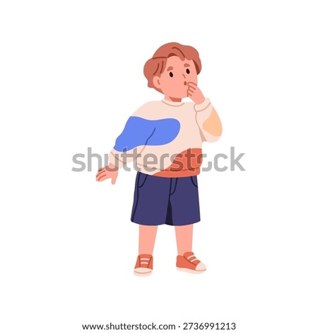 Boy surprised and amazed, looking with hand at mouth. Cute kid with hesitation, doubting expression. Astonishment, wonder, shock emotion. Flat vector illustration isolated on white background