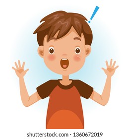 Boy surprised. Exclamation mark. Wide open eyes, big eyes. Cartoon character vector illustration isolated on white background.