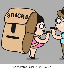 A Boy With Surprised Expression After Looking At Girl’s Giant Snacks Backpacks Concept Card Character illustration