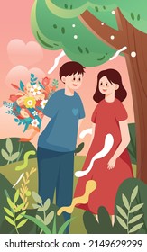 Boy surprises girl with flowers on Valentine's day with trees and plants in the background, vector illustration