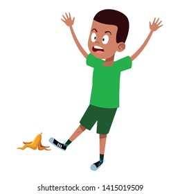 boy surprising face sliding with banana peel on the ground vector illustration graphic design