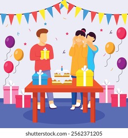 Boy Surprising the Mom on Her Birthday concept, Daddy Holding Gift for Wife vector icon design, special anniversary events card, Cheers to another year banner, indoor Party People scene illustration