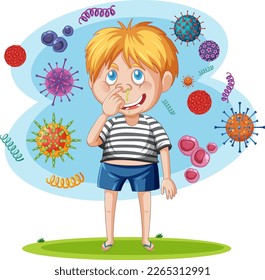 A boy surrounded by germs illustration