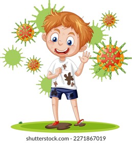 A boy surrounded by germs illustration