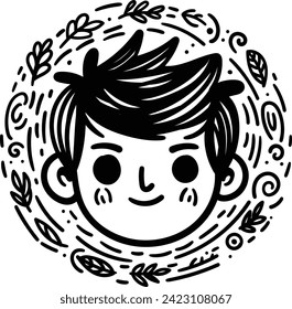 Un niño rodeado de íconos que representan pensamientos e ideas, captura la esencia de la creatividad de una joven mente, ideal para contenido educativo e inspirador