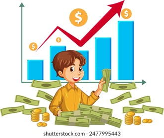 Boy surrounded by money and rising graph