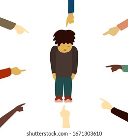 The boy is surrounded by people who point a finger at him on a white background. Criticism, humiliation, disapproval of the public, insult, guilt, public pressure. Vector flat cartoon illustration.