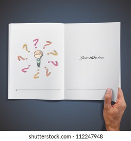 Boy surrounded by questions inside a book. Vector design.