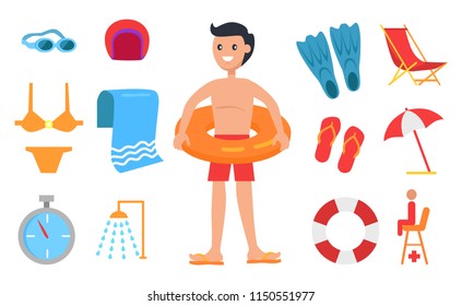 Boy surrounded with swimming equipment icon. Umbrella and towel, shower and stopwatch, sunbed and saver seat, swimwear and flippers, hat and glasses