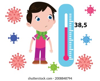 Boy surrounded with virus has high fever cartoon 2d vector concept for banner, website, illustration, landing page, flyer, etc.