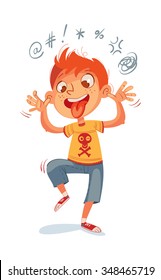 The boy swearing and grimacing for the camera. Funny cartoon character. Vector illustration. Isolated on white background