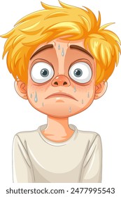 A boy with sweat and a nervous expression