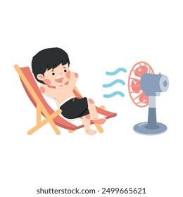  boy is sweating in hot weather while using a fan