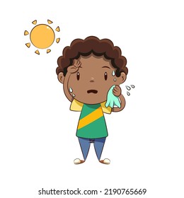 Boy sweating sunny day, vector illustration