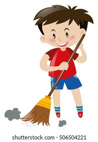 Boy sweeping floor with broom