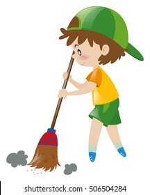 Boy Sweeping Floor With Broom