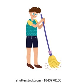 Boy sweeping the floor. A young man doing house cleaning. Person holding a broom isolated element. Vector illustration