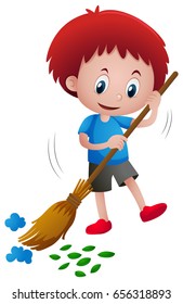 Chico barre hojas e ilustración de la basura